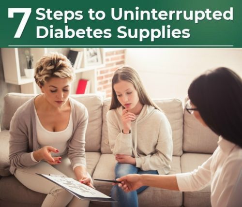 Mother and daughter discussing with diabetes educator the 7 steps to make sure they don't run out of diabetes supplies.