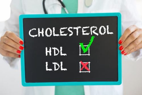 HDL and LDL cholesterol levels on sign held up by doctor. Cholesterol disorders are treated by diabetes doctors in Idaho Falls and Pocatello.