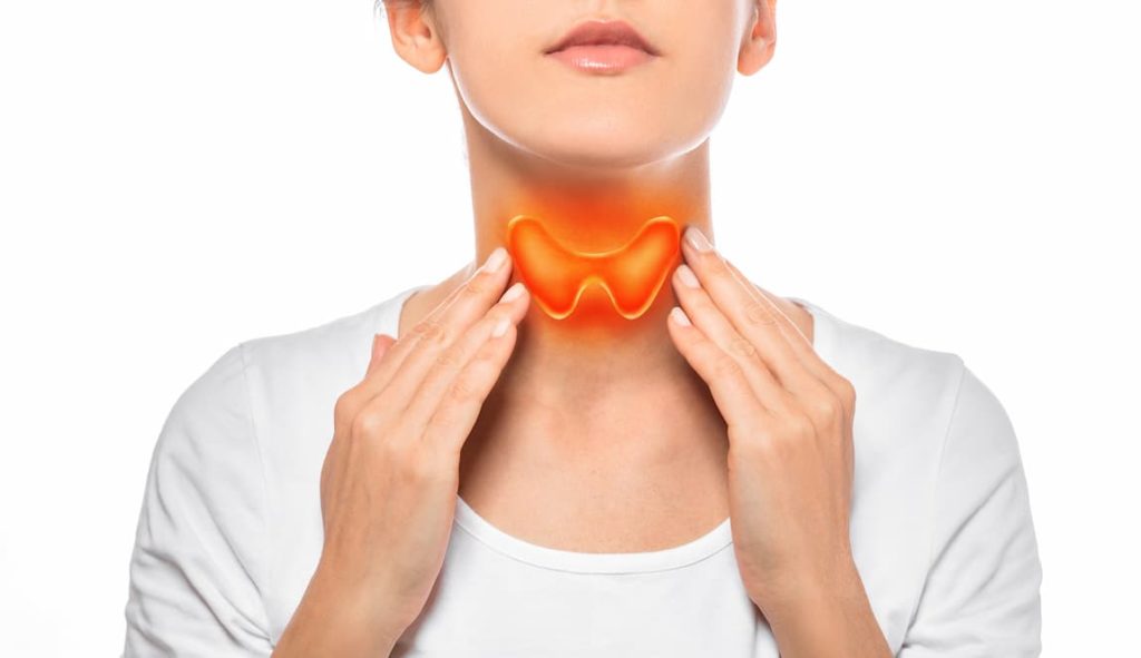 Thyroid illustration superimposed on woman's neck to identify thyroid diseases treated by our endocrinology specialists in Idaho Falls and Pocatello.
